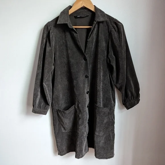 ZARA Forest Green Casual Academia Button Front Long Sleeves Mini Dress Large - Picture 3 of 14